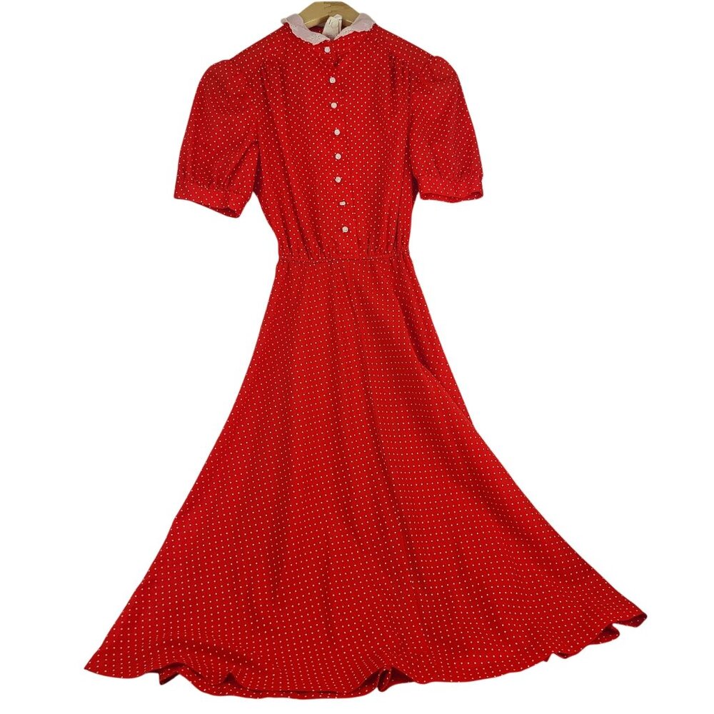 Jody T of California Vintage Red Dress White Polka Dots Lace Collar Rose Buttons